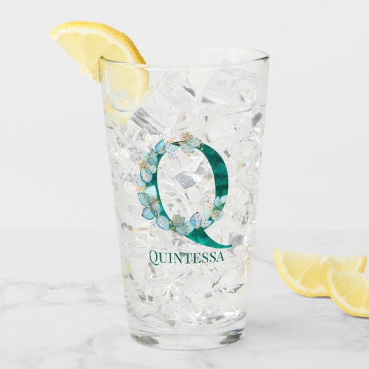 Verre Aquarelle Turquoise et or Monogramme lettre Q (Devant glace)