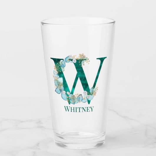 Verre Aquarelle Turquoise et or Monogramme lettre W (Devant)