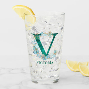 Verre Aquarelle Turquoise et or Monogramme V