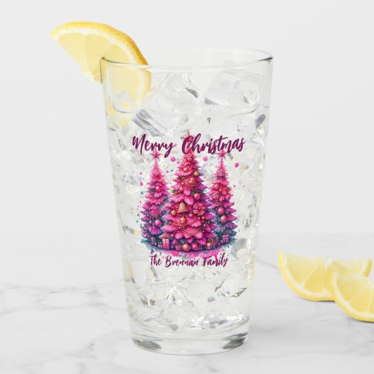 Verre Arbre de Noël rose Famille personnalisée (Devant glace)