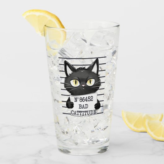Verre Bad Cattitude - Mugshot de chat noir (Devant glace)