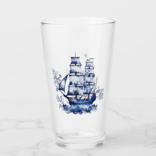 Verre Bleu et blanc Delft voilier en mer (Devant)