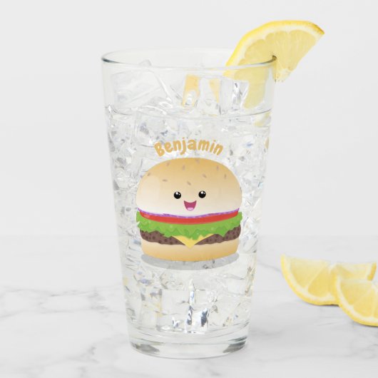 Verre Caricature de hamburger kawaii joyeux (Dos glace)