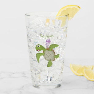 Verre Caricature joyeuse de tortue de mer verte mignonne
