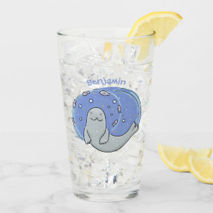 Verre Caricature joyeux de phoque et de poisson bleu