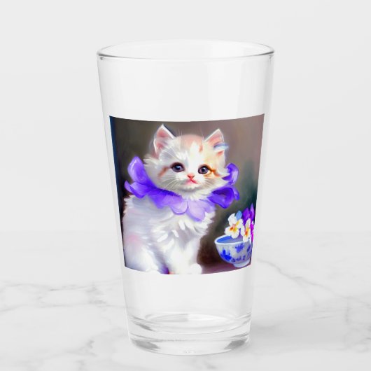 Verre Chat blanc avec collier de fleurs violettes (Devant)