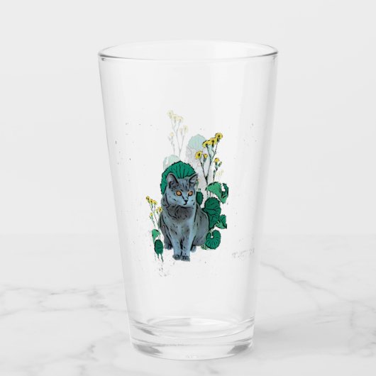 Verre Chat Chartreux avec Fleur Jaune (Devant)