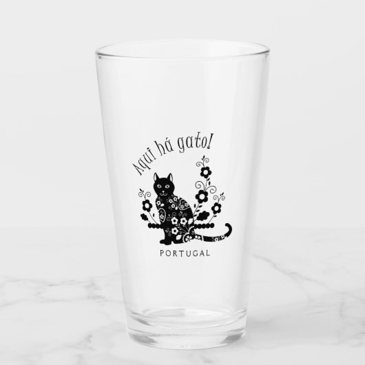 Verre Chat noir avec fleurs et expression portugaise (Devant)