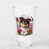 Verre Chien-mouton Shetland avec fleurs et papillons (Devant)