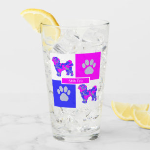 Verre Chien Tzu Silhouette Chien et Carré bleu rose pâle
