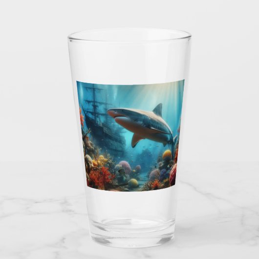 Verre Coastal/nautical tiger shark & coral reef (Devant)
