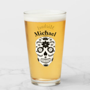 Verre Crâne à sucre mexicain noir et blanc 2 avec nom