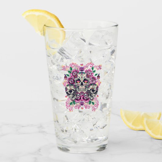Verre Crâne floral, squelette aquarelle rose, Halloween. (Devant glace)