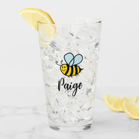 Verre Custom drink glass with cute animated bee logo (Devant glace)