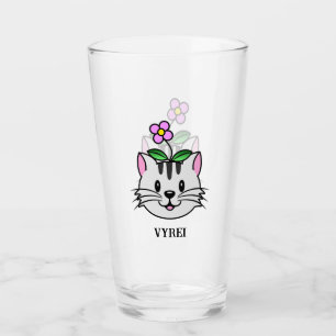 Verre Cute chat caricature avec une fleur sur la tête