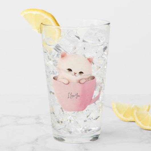 Verre Cute chat rose blanc dans une tasse de thé (Devant glace)