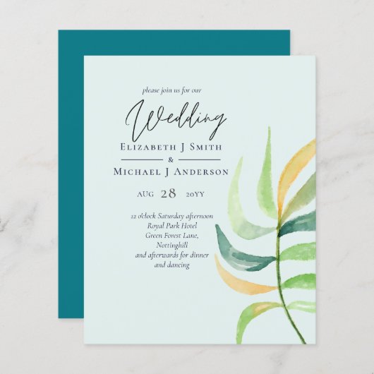 Verre de mer Vert Bleu Mariage de feuille tropical (Devant / Derrière)