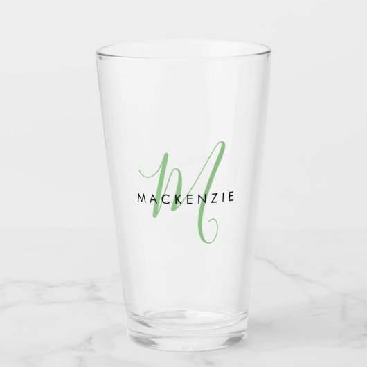 Verre Élégant Monogramme moderne de script vert (Devant)