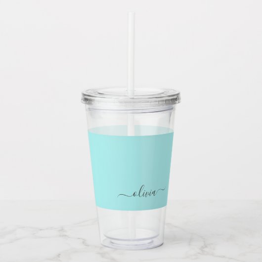 Verre En Acrylique Aqua Blue Turquoise Moderne Script Girl Monogramme (Devant)