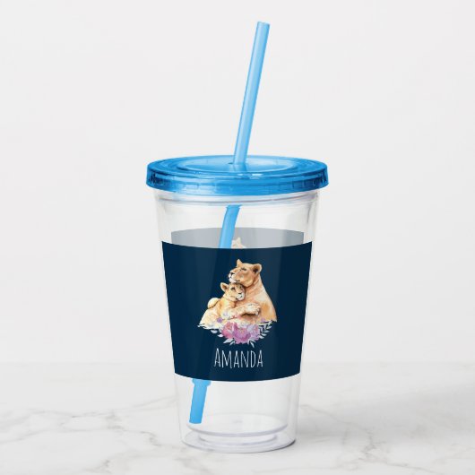 Verre En Acrylique Aquarelle mignonne Mère Lion & Cub (Dos)