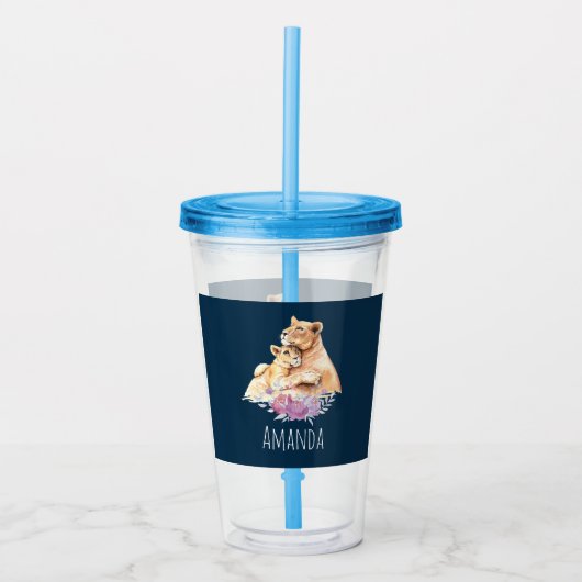 Verre En Acrylique Aquarelle mignonne Mère Lion & Cub (Devant)