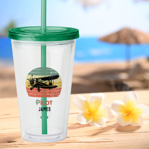 Verre En Acrylique Avion & coucher de soleil, Vintage Rétro, Vert