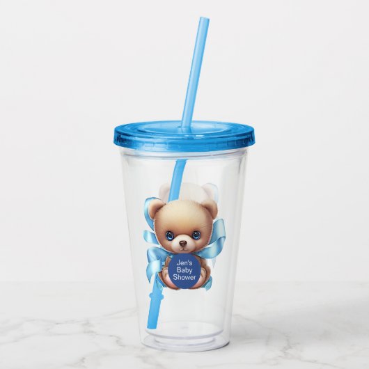 Verre En Acrylique Baby shower Bleu Teddy Bear (Dos)