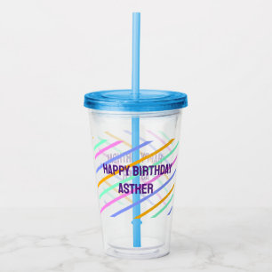 Verre En Acrylique Bandes colorées joyeux anniversaire ajouter nom ch