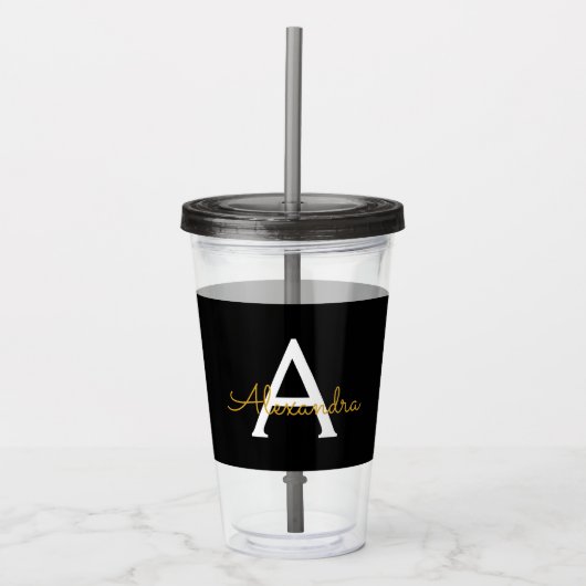Verre En Acrylique Black Gold Modern Script Girl Monogramme Nom (Devant)