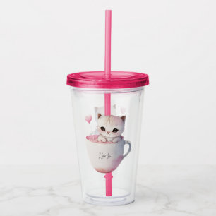 Verre En Acrylique Chat blanc-rose mignonne dans une tasse de thé (4)