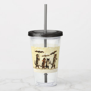 Verre En Acrylique Chats Chatons Marcher Avec Parapluies Neige Jaune