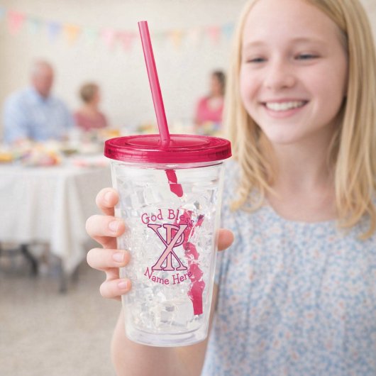 Verre En Acrylique Chi Ro Christian Cross Pink Personalized