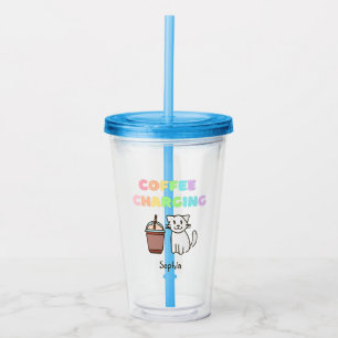 Verre En Acrylique Cute Blanc Chat & Drôle Café Caféine Arc-en-ciel