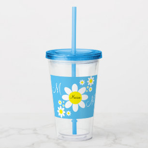 Verre En Acrylique Cute Bleu et Blanc Maisies Floral Nom personnalisé