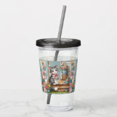 Verre En Acrylique Cute Chat sur Porche avec Fleurs et Patchwork (Dos)