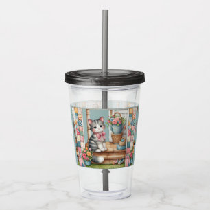 Verre En Acrylique Cute Chat sur Porche avec Fleurs et Patchwork