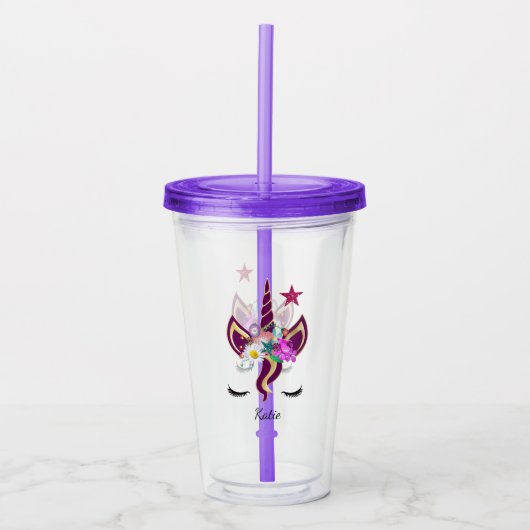 Verre En Acrylique Cute violet Unicorn Corne Personnalisée (Devant)