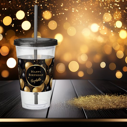 Verre En Acrylique Élégant Black Gold Balloons Motif d'anniversaire