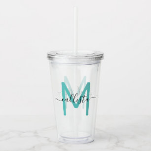 Verre En Acrylique Élégant Monogramme noir Turquoise simple