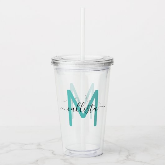 Verre En Acrylique Élégant Monogramme noir Turquoise simple (Devant)