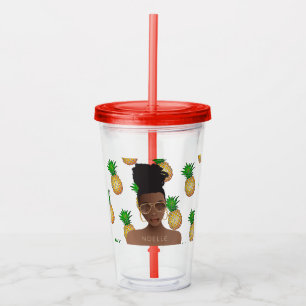 Verre En Acrylique Femme noire, Nuances d'or, Motif d'ananas