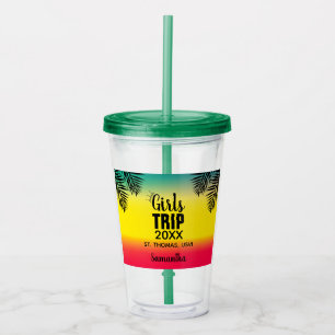 Verre En Acrylique Filles Voyage, Couronne Année & Nom Vert Jaune Rou