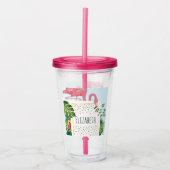 Verre En Acrylique Flamant rose rose élégant et Feuilles tropicaux (Devant)