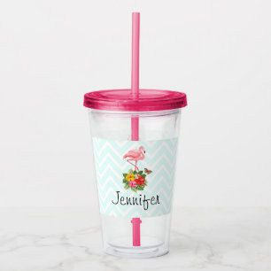 Verre En Acrylique Flamant rose rose & Hibiscus Tropical Fancy