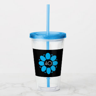 Verre En Acrylique Fleur bleue Design Motif Anniversaire 40 Noir
