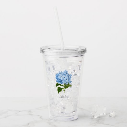 Verre En Acrylique Fleur d'hortensia bleue classique avec nom (Devant glace)