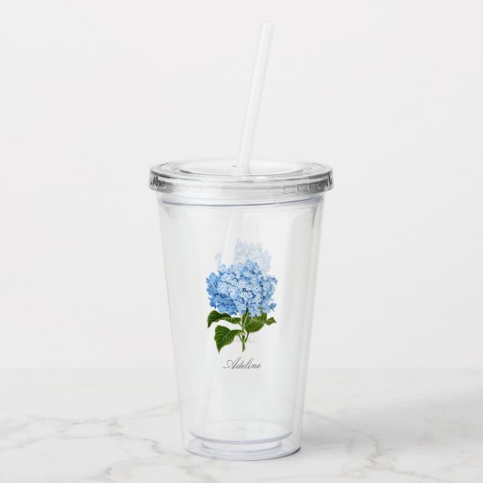 Verre En Acrylique Fleur d'hortensia bleue classique avec nom (Dos)
