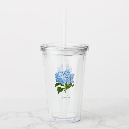 Verre En Acrylique Fleur d'Hydrangée Bleue Classique avec nom (Devant)