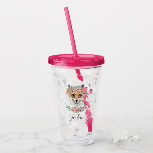 Verre En Acrylique Fox floral | ajoutent votre nom (Devant glace)