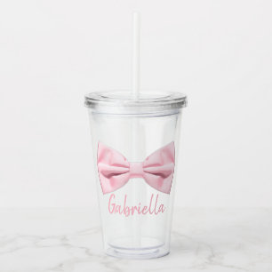 Verre En Acrylique Girly Pink Bow With Name Preppy Custom 16oz, Clear